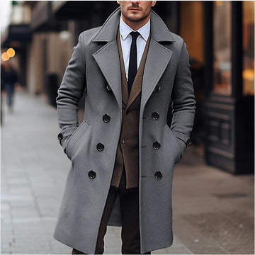 Fall Winter Men Woolen Coat Double Breasted Long Dark Gray