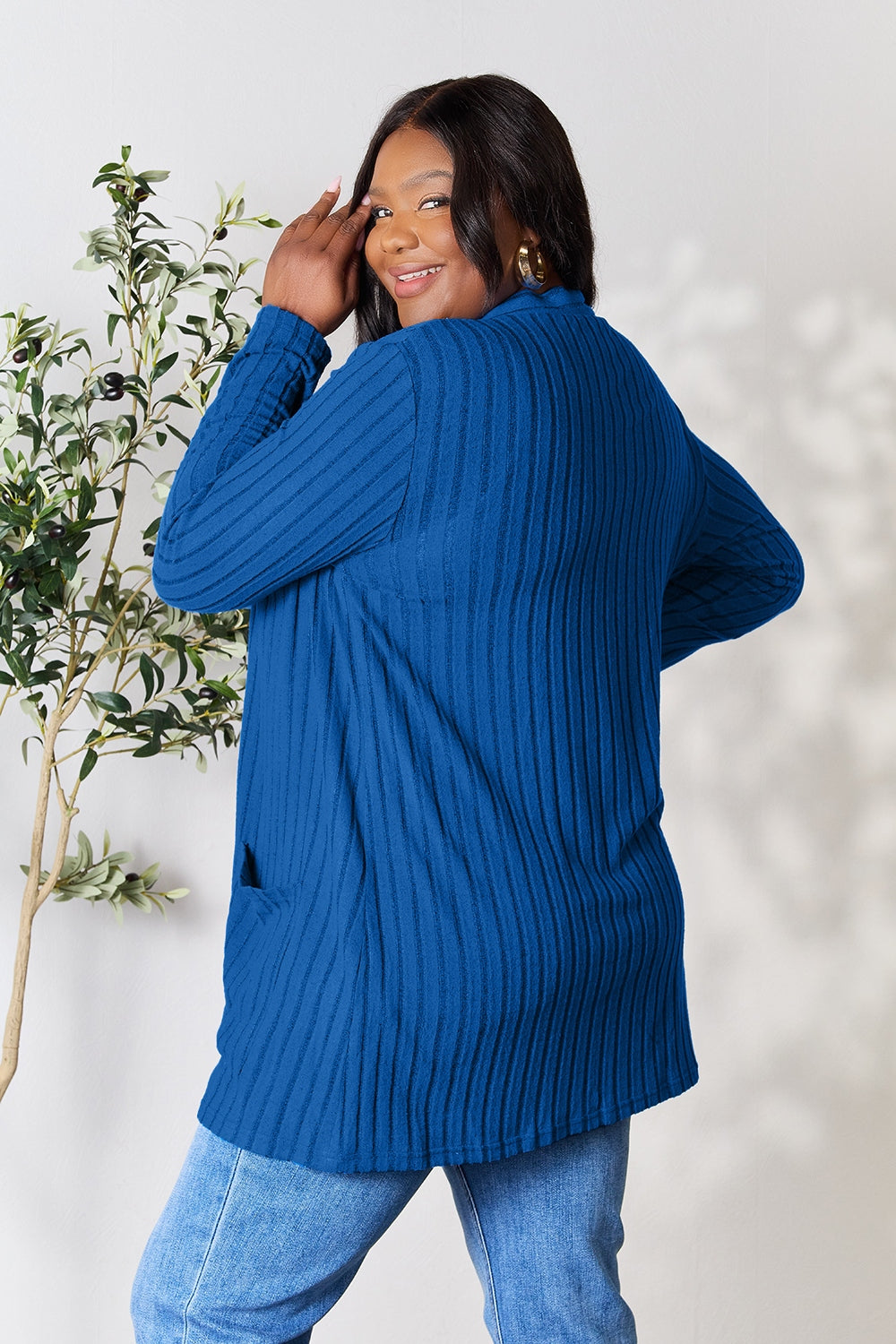 Basic Bae Full Size Ribbed Open Front Cardigan with Pockets Dark Blue