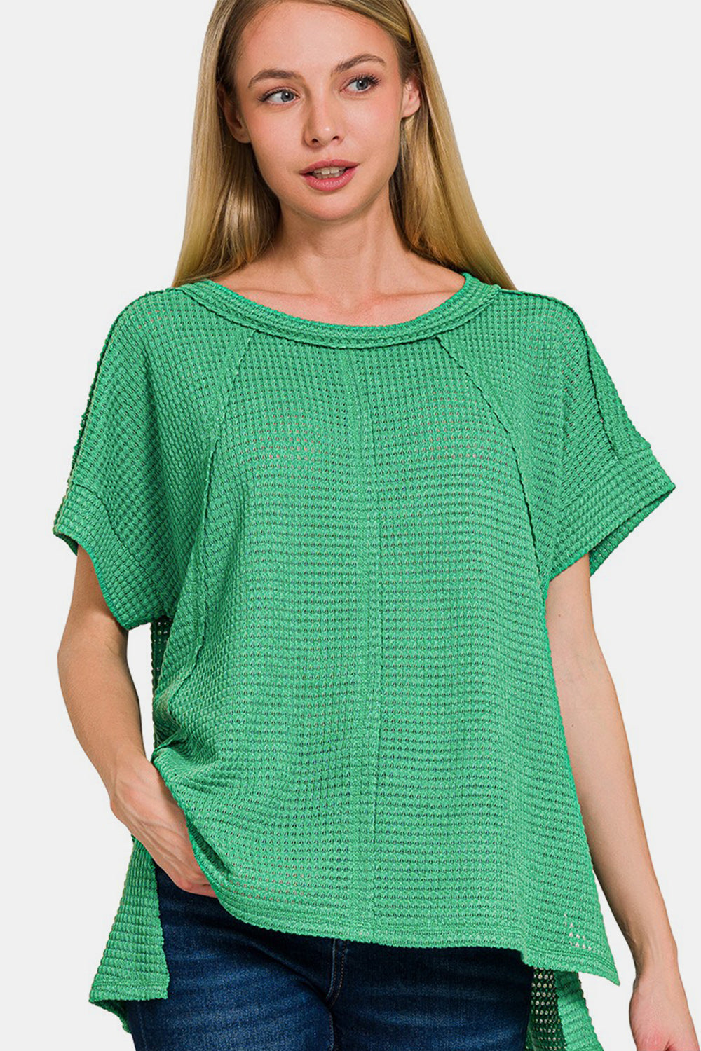 Zenana Waffle Exposed-Seam Short Sleeve T-Shirt K Green