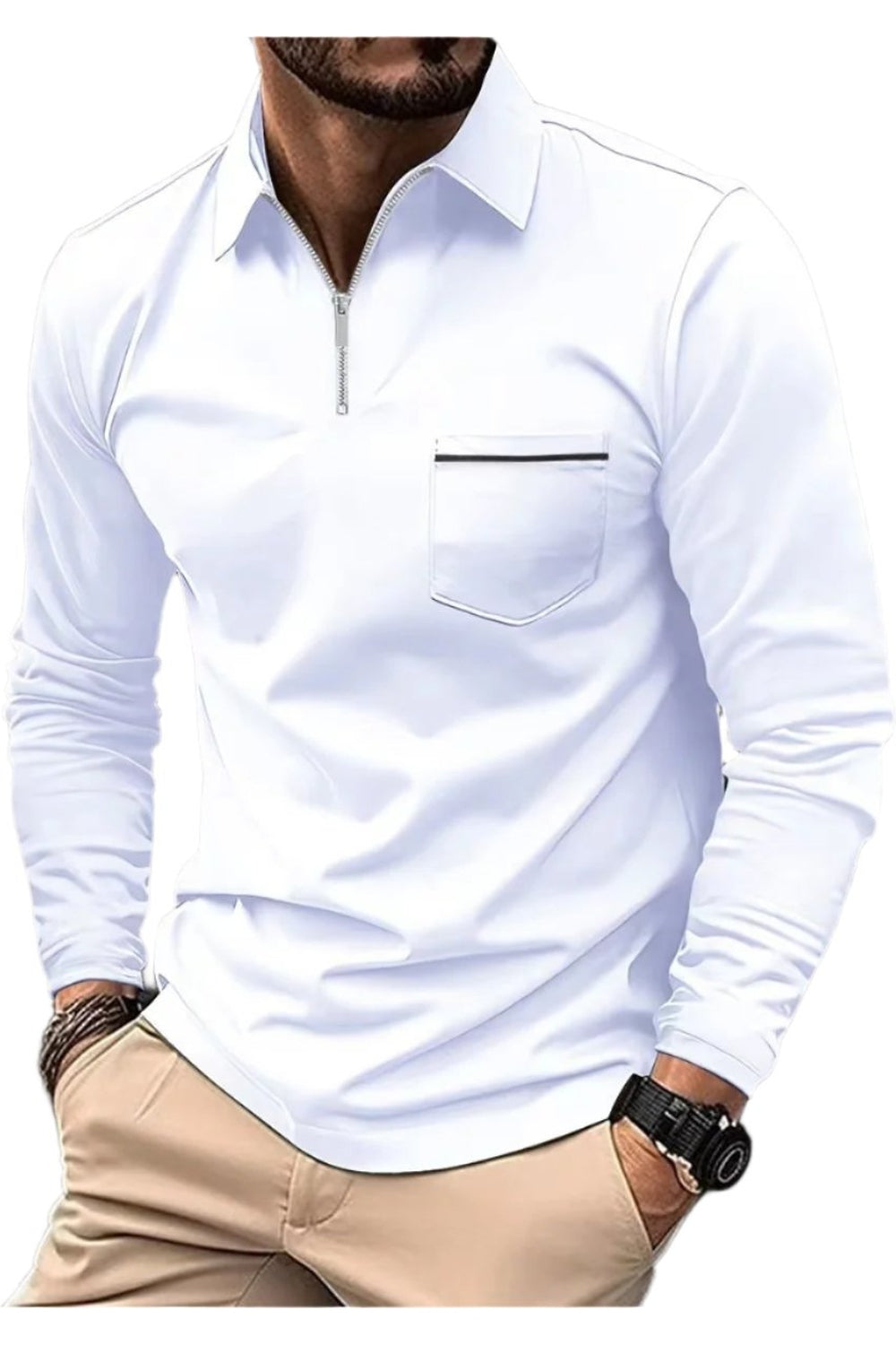 Polo Shirt Zipper Men's Long Sleeve Polo Shirt White