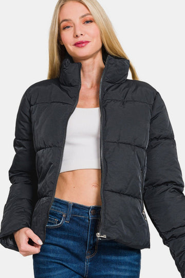 Zenana Zip Up Turtleneck Puffer Jacket with Pockets Black