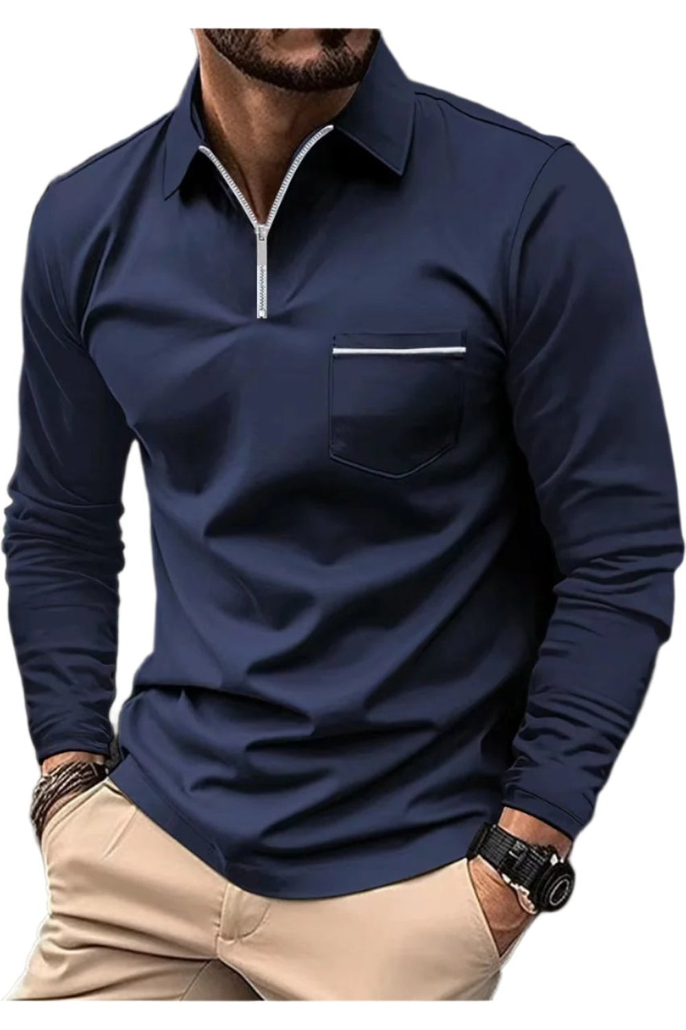 Polo Shirt Zipper Men's Long Sleeve Polo Shirt Navy Blue