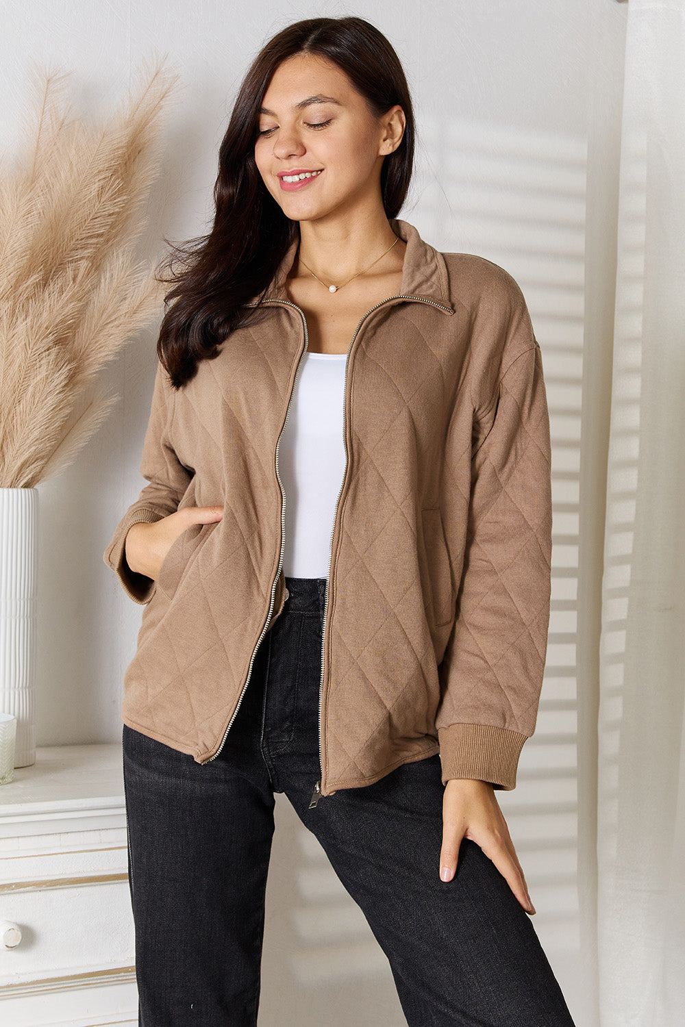 Heimish Full Size Zip-Up Jacket with Pockets Mocha