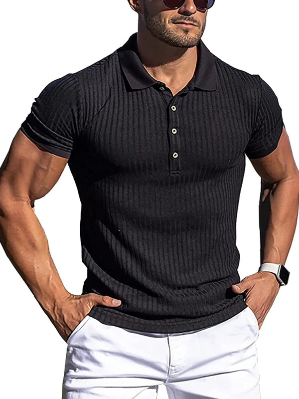 New Men's High Stretch Vertical Stripe Long Sleeve POLO Shirt Slim Fit Short Sleeve Polo Shirt Black