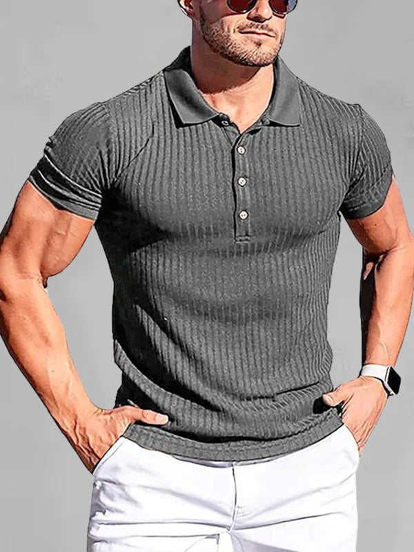 New Men's High Stretch Vertical Stripe Long Sleeve POLO Shirt Slim Fit Short Sleeve Polo Shirt Grey