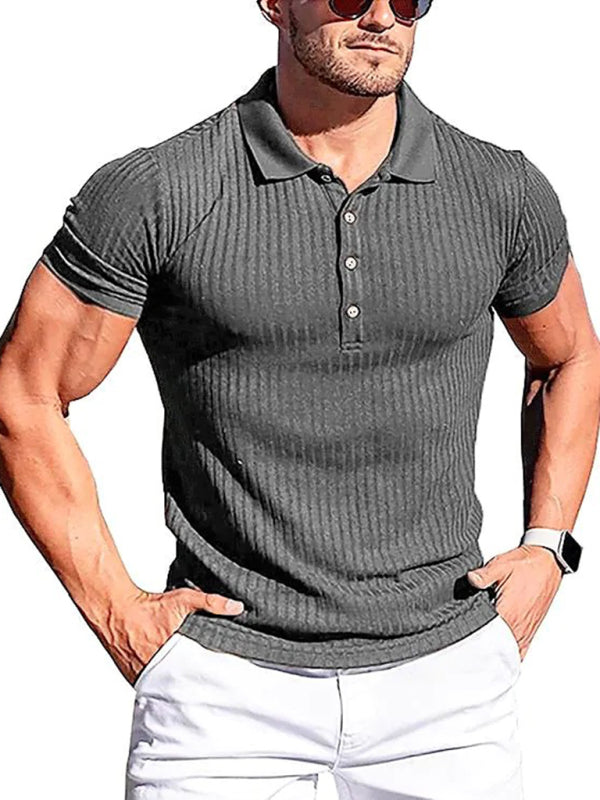 New Men's High Stretch Vertical Stripe Long Sleeve POLO Shirt Slim Fit Short Sleeve Polo Shirt Grey