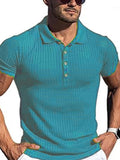 New Men's High Stretch Vertical Stripe Long Sleeve POLO Shirt Slim Fit Short Sleeve Polo Shirt Green