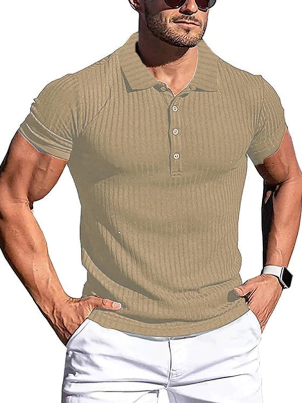 New Men's High Stretch Vertical Stripe Long Sleeve POLO Shirt Slim Fit Short Sleeve Polo Shirt Khaki