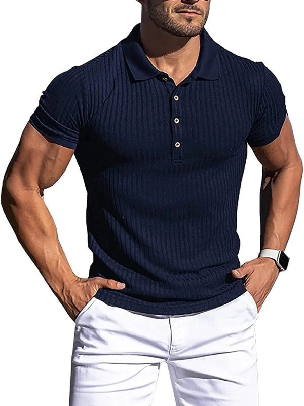 New Men's High Stretch Vertical Stripe Long Sleeve POLO Shirt Slim Fit Short Sleeve Polo Shirt Champlain color