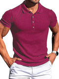 New Men's High Stretch Vertical Stripe Long Sleeve POLO Shirt Slim Fit Short Sleeve Polo Shirt Purplish red