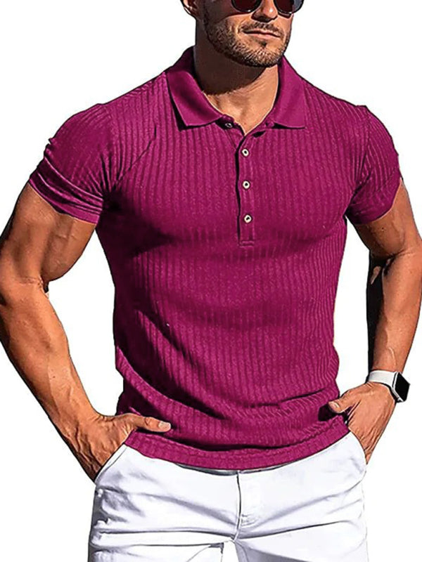 New Men's High Stretch Vertical Stripe Long Sleeve POLO Shirt Slim Fit Short Sleeve Polo Shirt Red