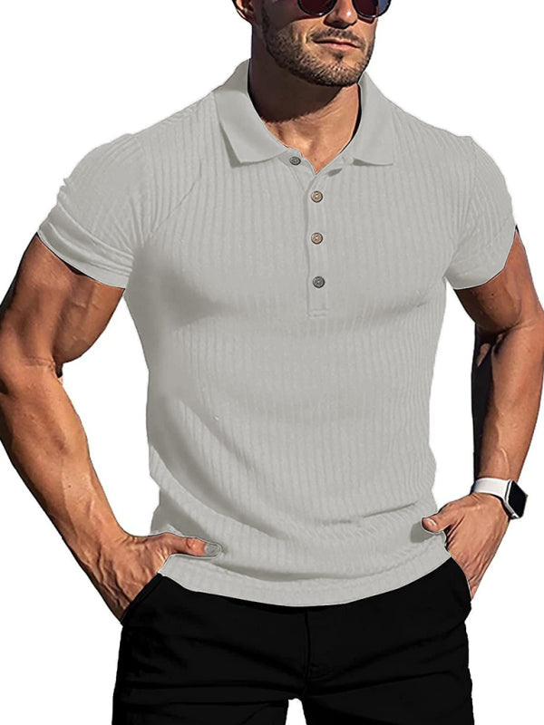 New Men's High Stretch Vertical Stripe Long Sleeve POLO Shirt Slim Fit Short Sleeve Polo Shirt White