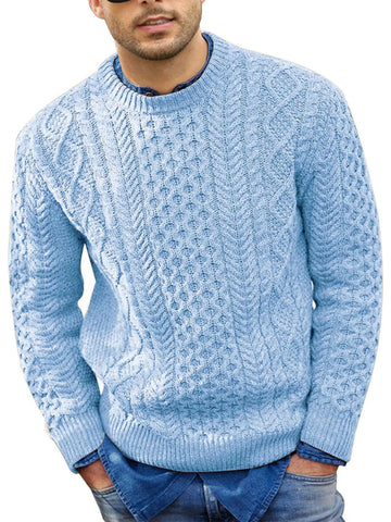 Men's round neck pullover knitted cable sweater Blue