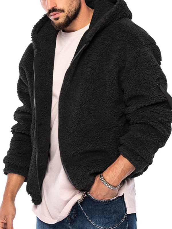 Men's double-sided arctic velvet hooded solid color warm zipper jacket