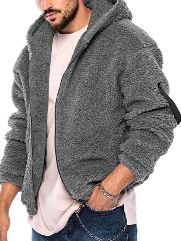 Men's double-sided arctic velvet hooded solid color warm zipper jacket Charcoal grey