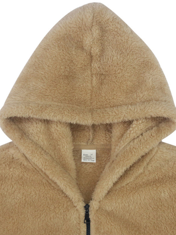 Men's double-sided arctic velvet hooded solid color warm zipper jacket Khaki