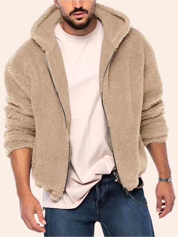 Men's double-sided arctic velvet hooded solid color warm zipper jacket Khaki