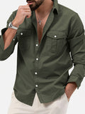 Men's new multi-pocket casual long-sleeved shirt top Olive green