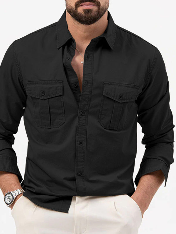 Men's new multi-pocket casual long-sleeved shirt top Black