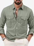 Men's new multi-pocket casual long-sleeved shirt top Grey green