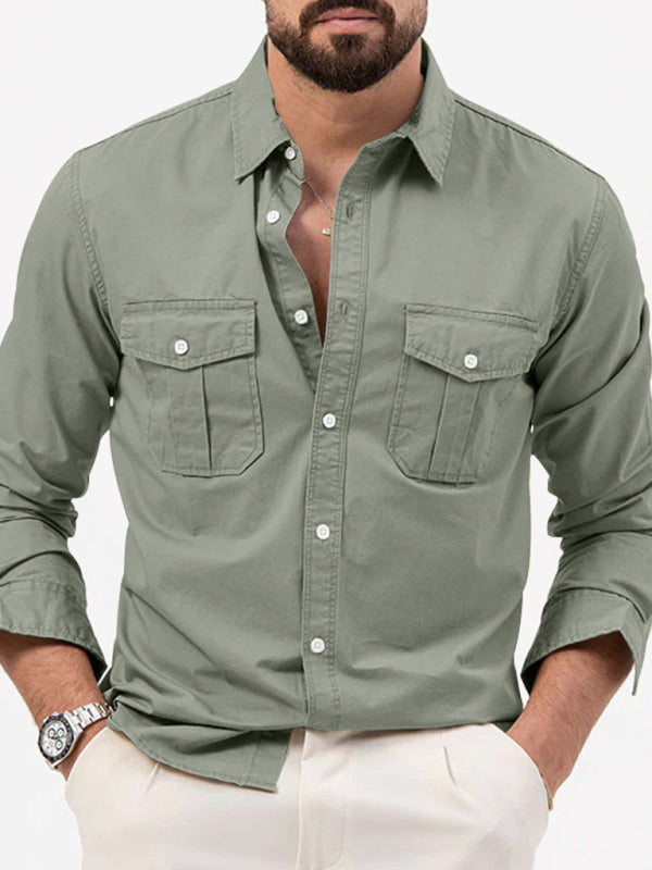 Men's new multi-pocket casual long-sleeved shirt top Grey green