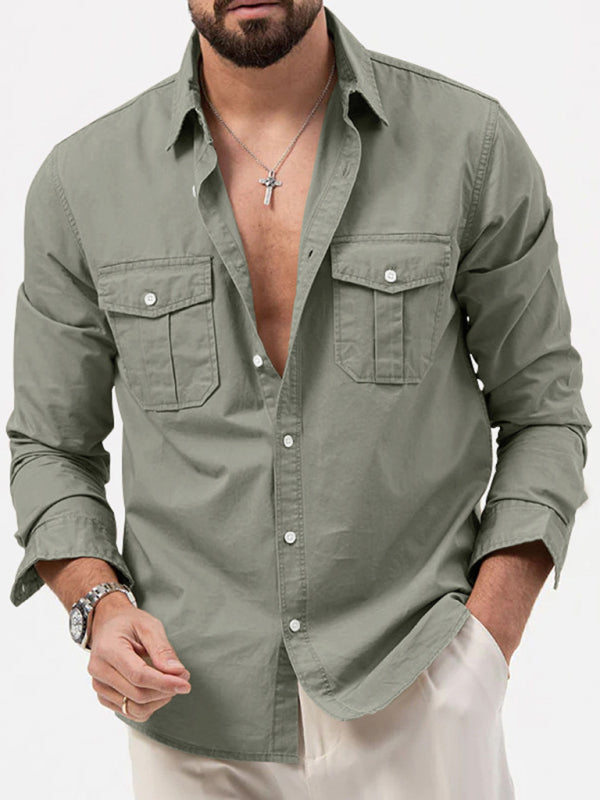 Men's new multi-pocket casual long-sleeved shirt top