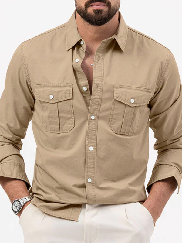 Men's new multi-pocket casual long-sleeved shirt top