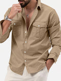 Men's new multi-pocket casual long-sleeved shirt top Khaki