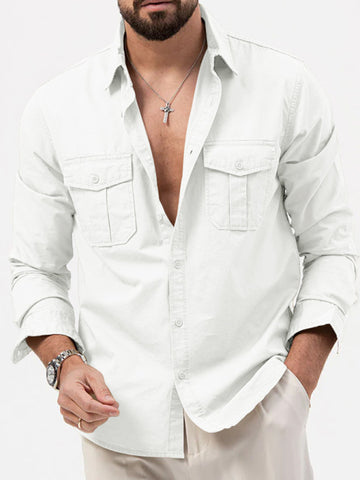 Men's new multi-pocket casual long-sleeved shirt top White