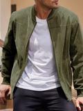 Suede Solid Color Men's Zipper Jacket Casual Retro Long Sleeve Cardigan Coat Olive green