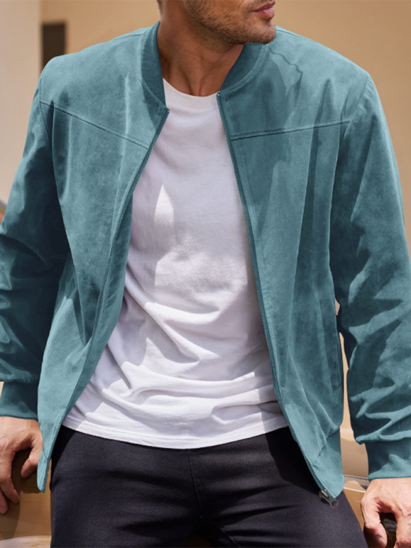 Suede Solid Color Men's Zipper Jacket Casual Retro Long Sleeve Cardigan Coat Clear blue